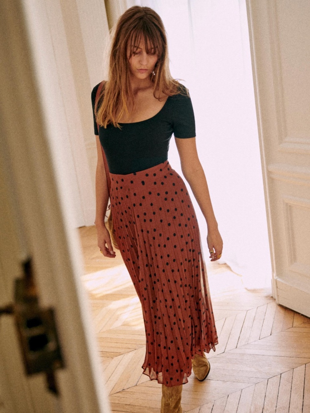 Sezane Dune Skirt Pois Marine Fond Café - Size 8-10